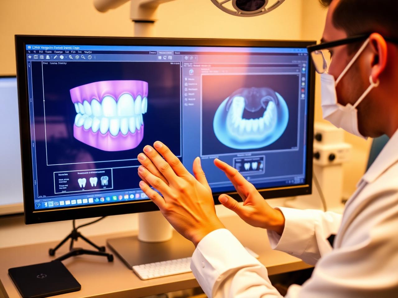 Dentist designing custom veneers on dental CAD software displayed on a monitor