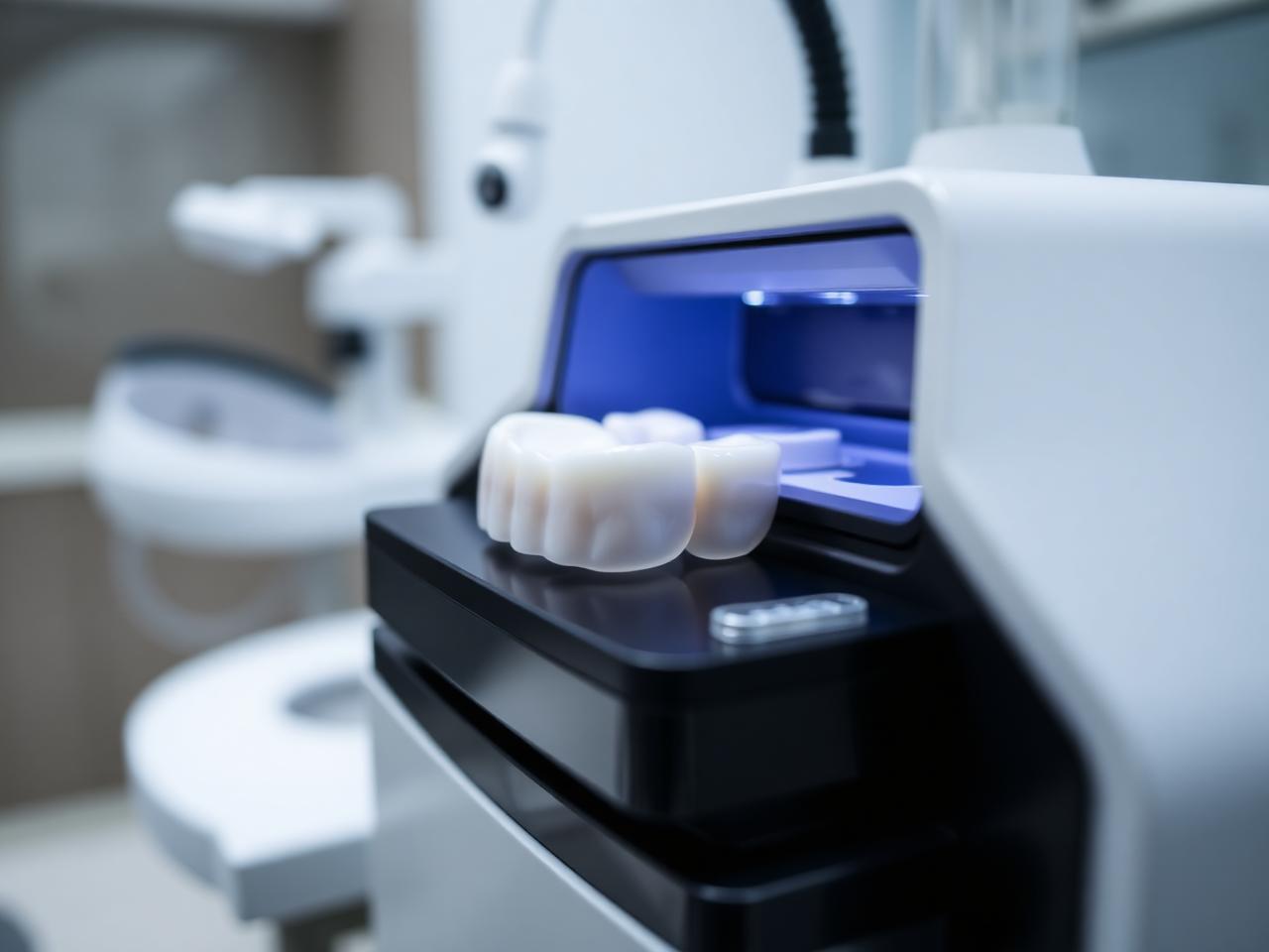 Close-up of a 3D dental printer producing custom veneers in-office