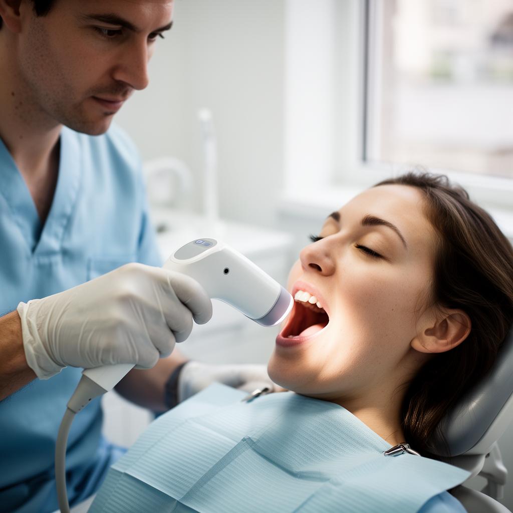 Modern dental intraoral scanner capturing a 3D model of a patient's teeth